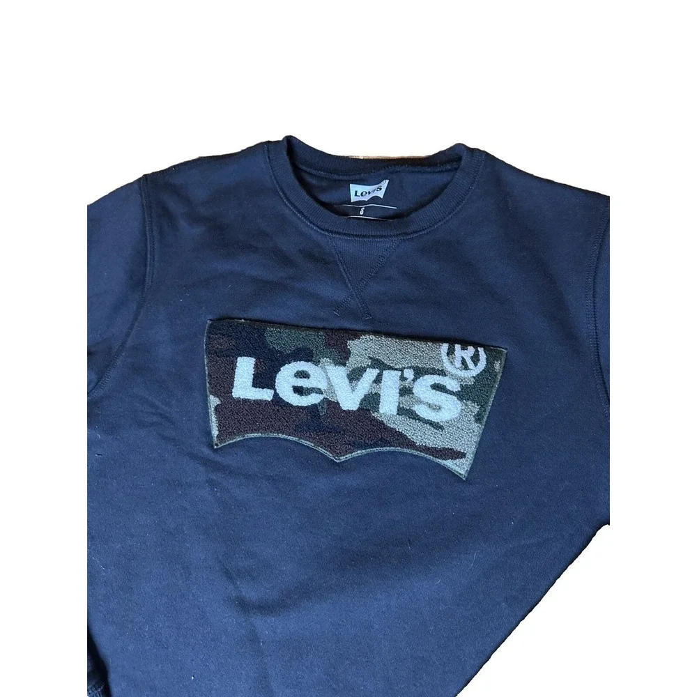 Levis Sweatshirt Mens Size S‎ Black Crewneck Pullover Chest Logo Camo Puffy LOGO